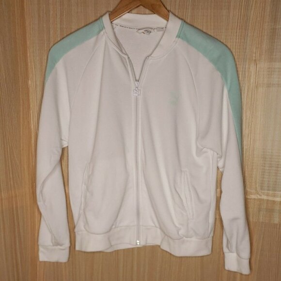 Puma Womens White Full Zip Sweatshirt With Green Stripe Large - Picture 1 of 6